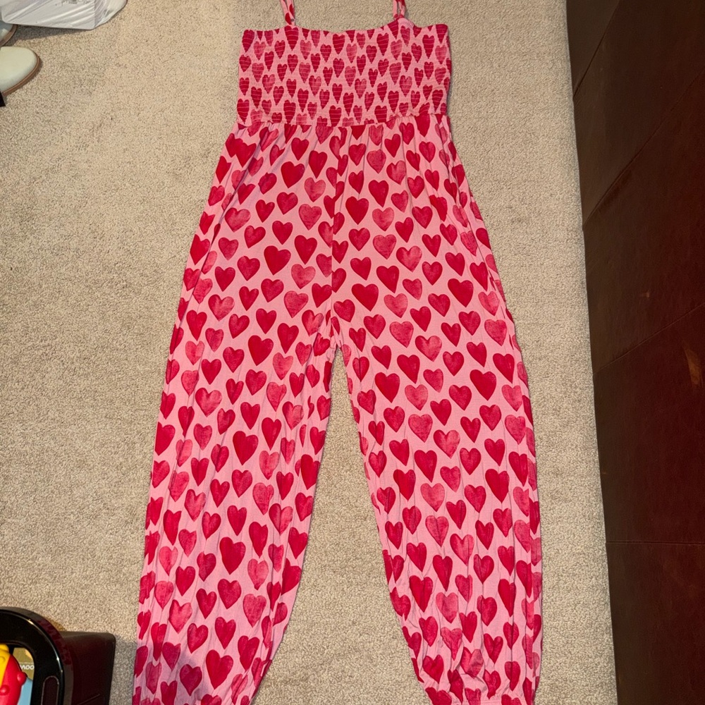 Posh Peanut Pink Heart Print Smocked Jumpsuit